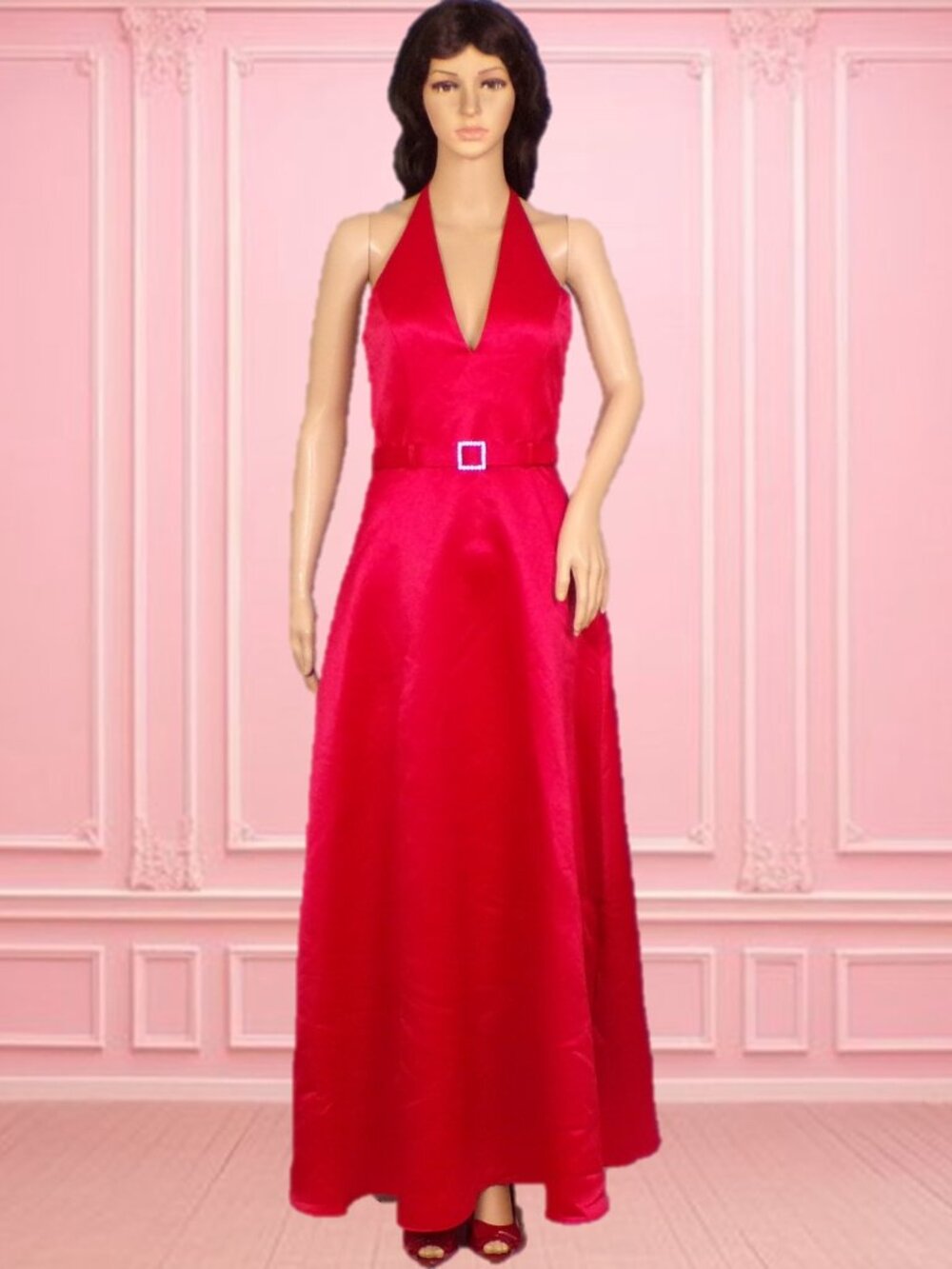 JESSICA McCLINTOCK BRIDAL size 6 red satin OTS fit/flare belted full-length gown